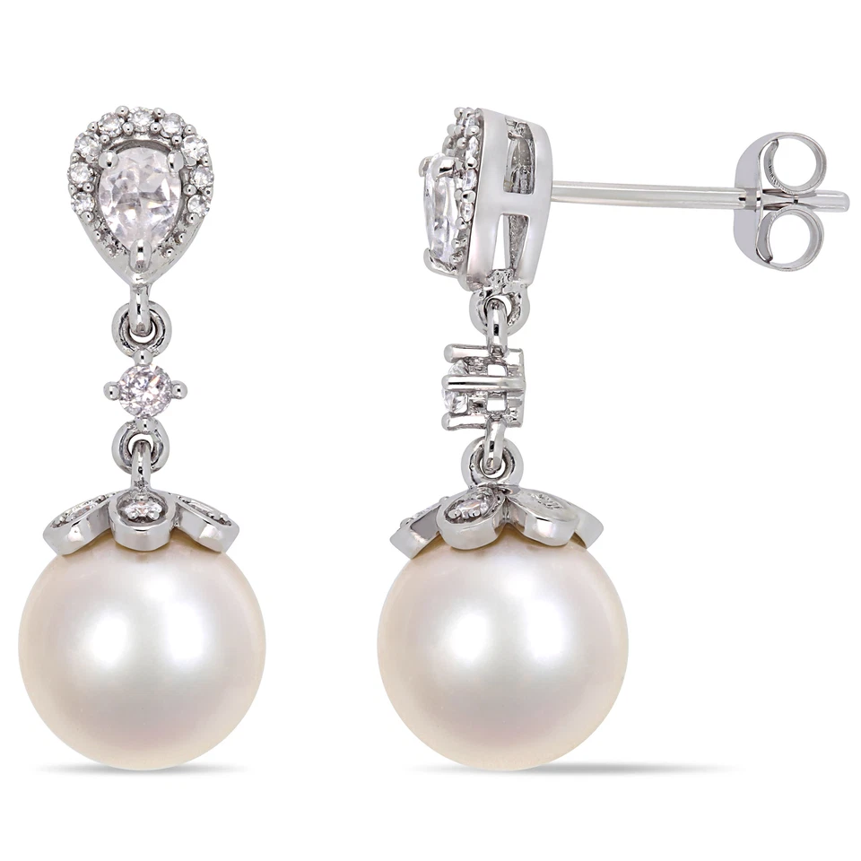 Amour 10k White Gold Cultured Freshwater Pearl White Topaz Diamond Earrings