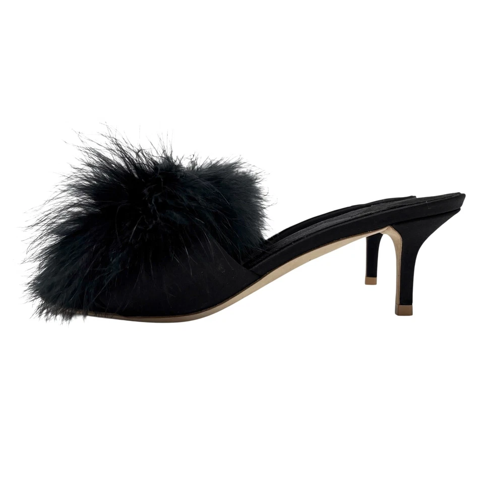 LOUIS VUITTON LV Bijou Logo Fur Sandals #37.5 Heels Rhinestone Black Satin - Image 4 of 4