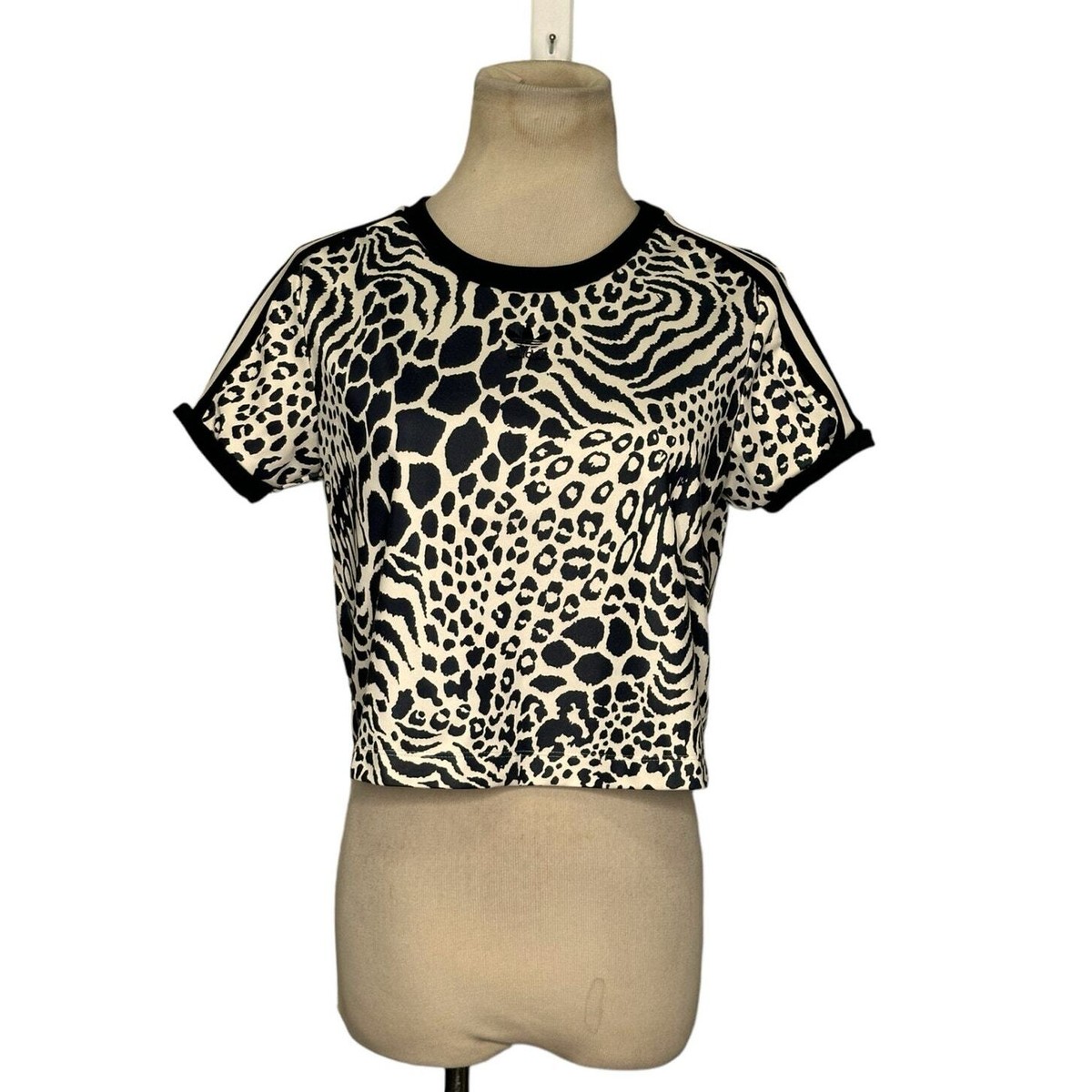 Adidas Cream Black Animal Print Short Sleeves Crop Top Size XS