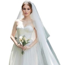 2-Tier White Plain Wedding Veil 31" 118" Long Soft Tulle with Metal Comb