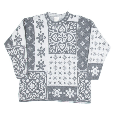 NEEDLE & YARN Damen Crazy-Pattern Pullover Strick Grau Langarm L