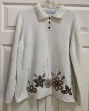 Alfred Dunner Embroidered Beaded Flowers Floral Sweater Ivory Women s Sz XL