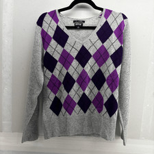 Apt 9 Argyle V-Neck 100 Cashmere Sweater Size XL Purple Grey Academia Soft EUC