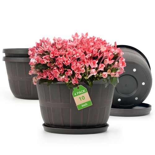 10 inch Plastic Flower Pots for Indoor Plants,4 Pack Large Outdoor Planter Po...