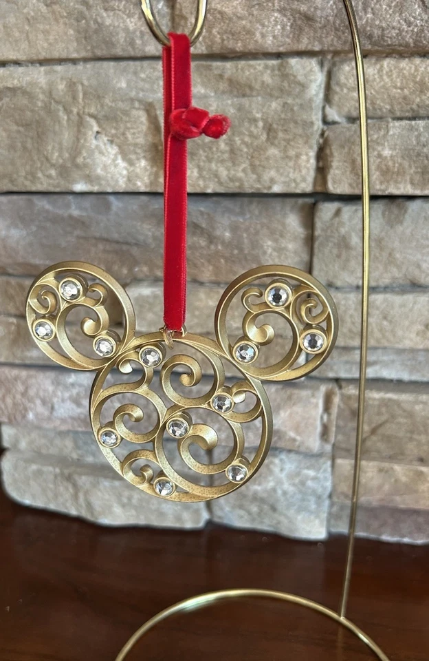 Disney Mickey Mouse Ears Christmas Ornament Lot 3 Scrolling Filigree Gold Jewel - Image 2 of 4