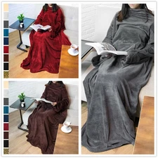 Warm Fleece Sherpa Wearable Blanket with Sleeves and Front Pocket Robe TV Couch