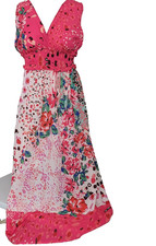 Umgee Small dress maxi long pink v-neck drawstring tie ruffle pleated patchwork