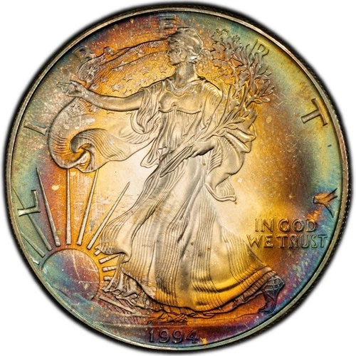MS67 1994 $1 ASE Silver Eagle Dollar, PCGS Trueview- Nicely Rainbow Toned