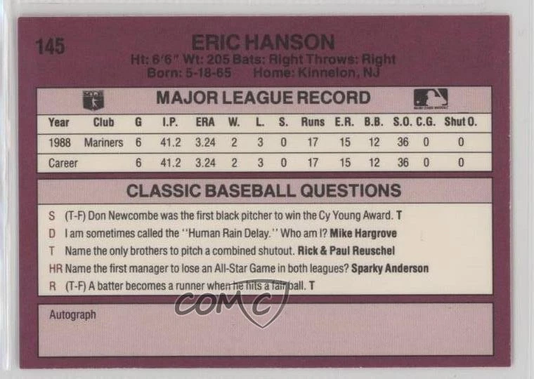 1989 Classic Update Orange Travel Edition Erik Hanson #145 Rookie RC - Image 2 of 2