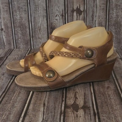 Sz 10.5-11 / 42 Aetrex Naya Brown Leather Braided Comfort Wedge Sandals VGUC!