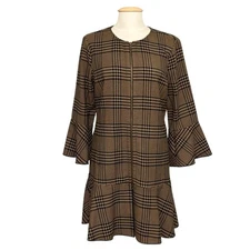 Cabi Womens Jacket Dress M #3902 Tan Navy Tartan Plaid Flounce Bell Zip Classic