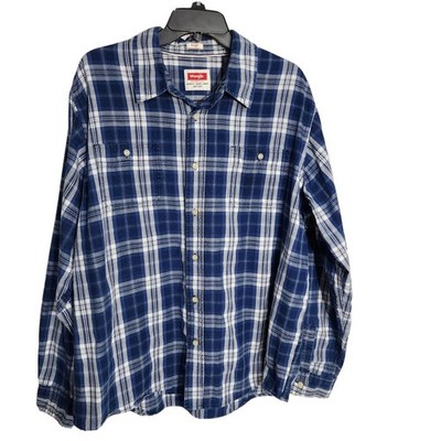 Wrangler Indigo Mens Shirt Size XL Blue Plaid Long Sleeve Button Cotton Pockets