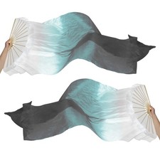 1 Pair 16 Fan Folding Belly Dance Silk Fan Veil 47", White Gray Black