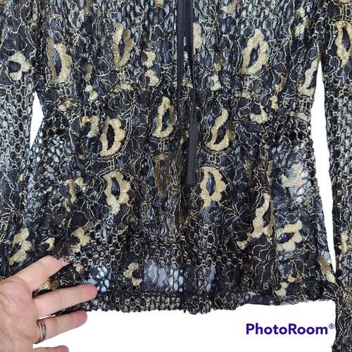 Misguided Dark Witchy Fairy Goth Black & Metallic Gold Lace/Mesh Top XS - Picture 8 of 13