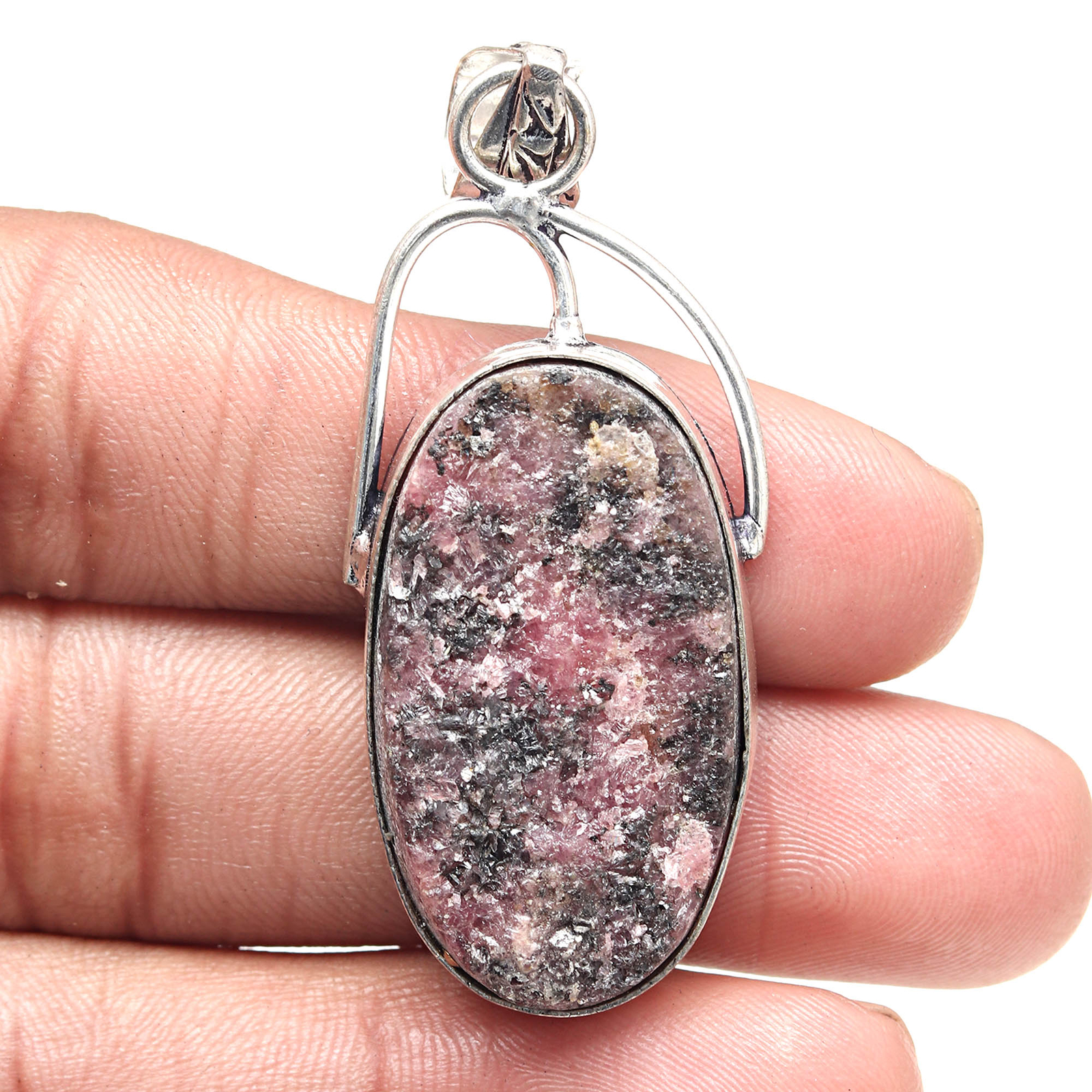 Rhodonite Drusy Gemstone Pendant in Sterling Silver for Valentine's Day 1.75 Inch