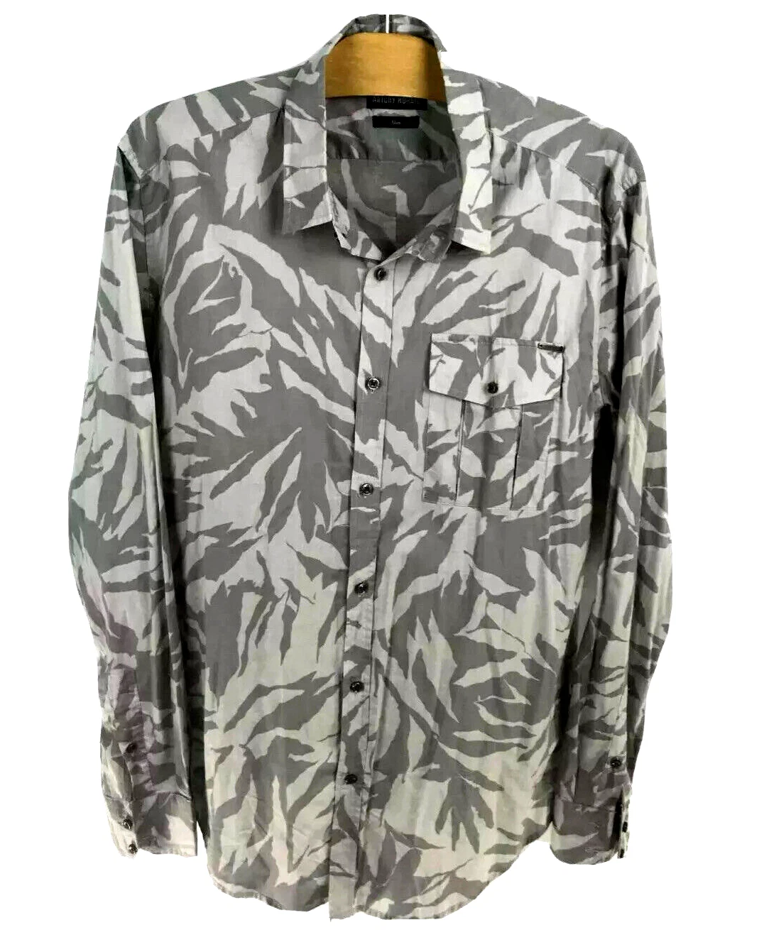 Men's Gray Floral Casual Slim Shirt Button Up Long Sleeve Size L