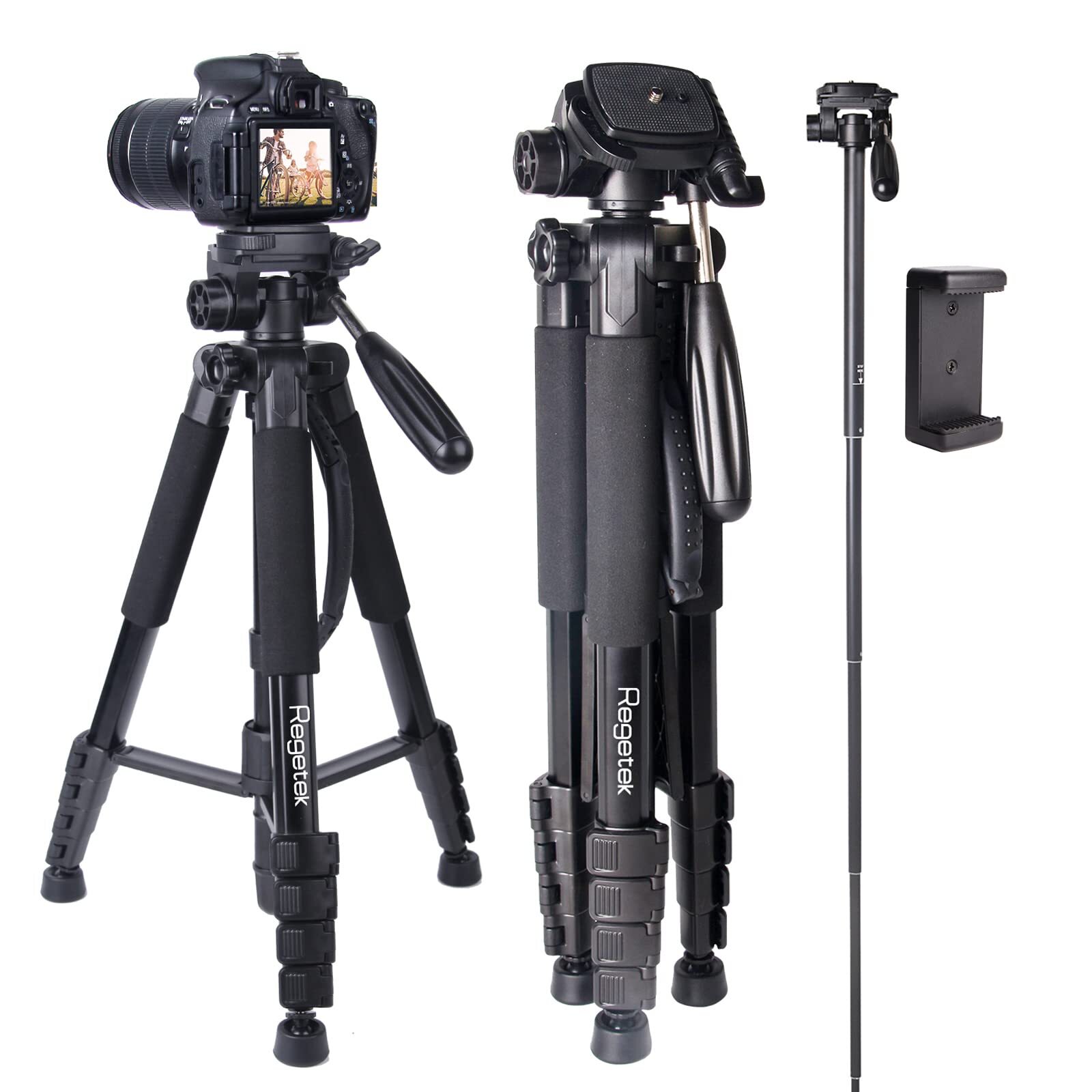Camera Tripod With Travel Bag 74 Inch Aluminum Cell Phone Tripod With Phone Hold