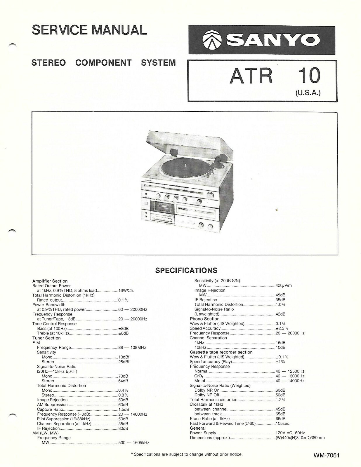SANYO ATR10 HOME STEREO SYSTEM FACTORY REPAIR SERVICE MANUAL ENGLISH
