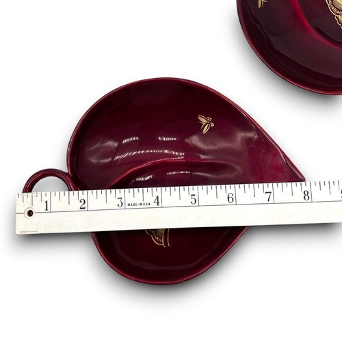 Japanese Lacquer Metal Heart Leaf Trinket Dishes Deep Red Gold Butterflies x2 - Picture 9 of 16