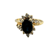 Solid 14K Yellow Gold Blue Topaz and Natural Diamond Ring Size 6.5