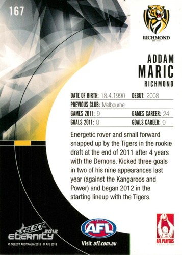 2012 RICHMOND TIGERS AFL Card ADDAM MARIC - 第 2/3 張圖片