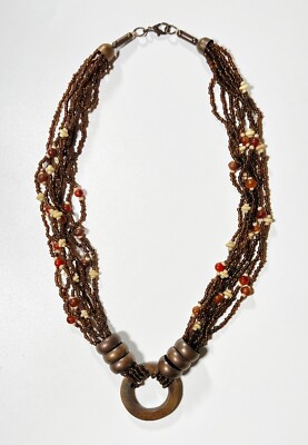 Vintage Multistrand Brown Glass, Amber Bone Beads w/ Bronze Ring Necklace  - Main Image