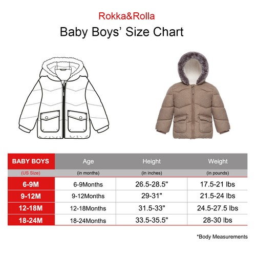 Rokka&Rolla Baby Boys' Soft Mini Fur Lined Puffer Jacket Hooded Winter Coat - Picture 2 of 38