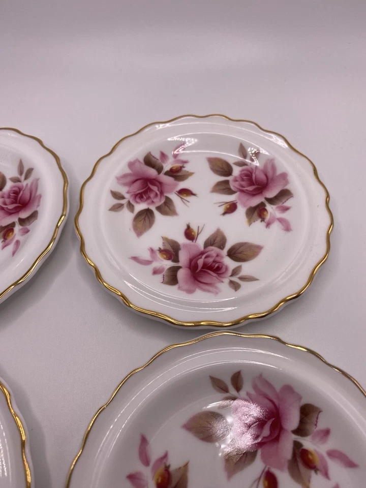 Royal Grafton Bone China Pink Roses Set de 4 tapetes/echadores de mantequilla borde dorado 4”D Foto 4 de 4