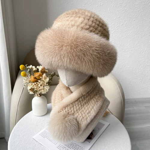 Cappello donna pelliccia visone + vera pelliccia visone vera sciarpa berretto lavorato a maglia berretto sci elasticizzato - Foto 11 di 22