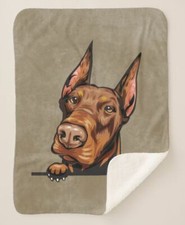 Doberman Pinscher Red Dog Peeking Puppy Dog Brown Sherpa Fleece Throw Blanket 