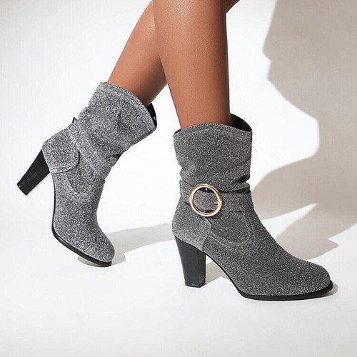 Women's Casual Pull On Ankle Boots Block Heel Faux Suede Buckle Sloch Shoes Size - Bild 12 von 18