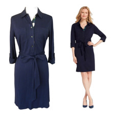 Draper James Knit Belted Shirtdress Navy Blue Small 3/4 Sleeve Preppy Work Casua