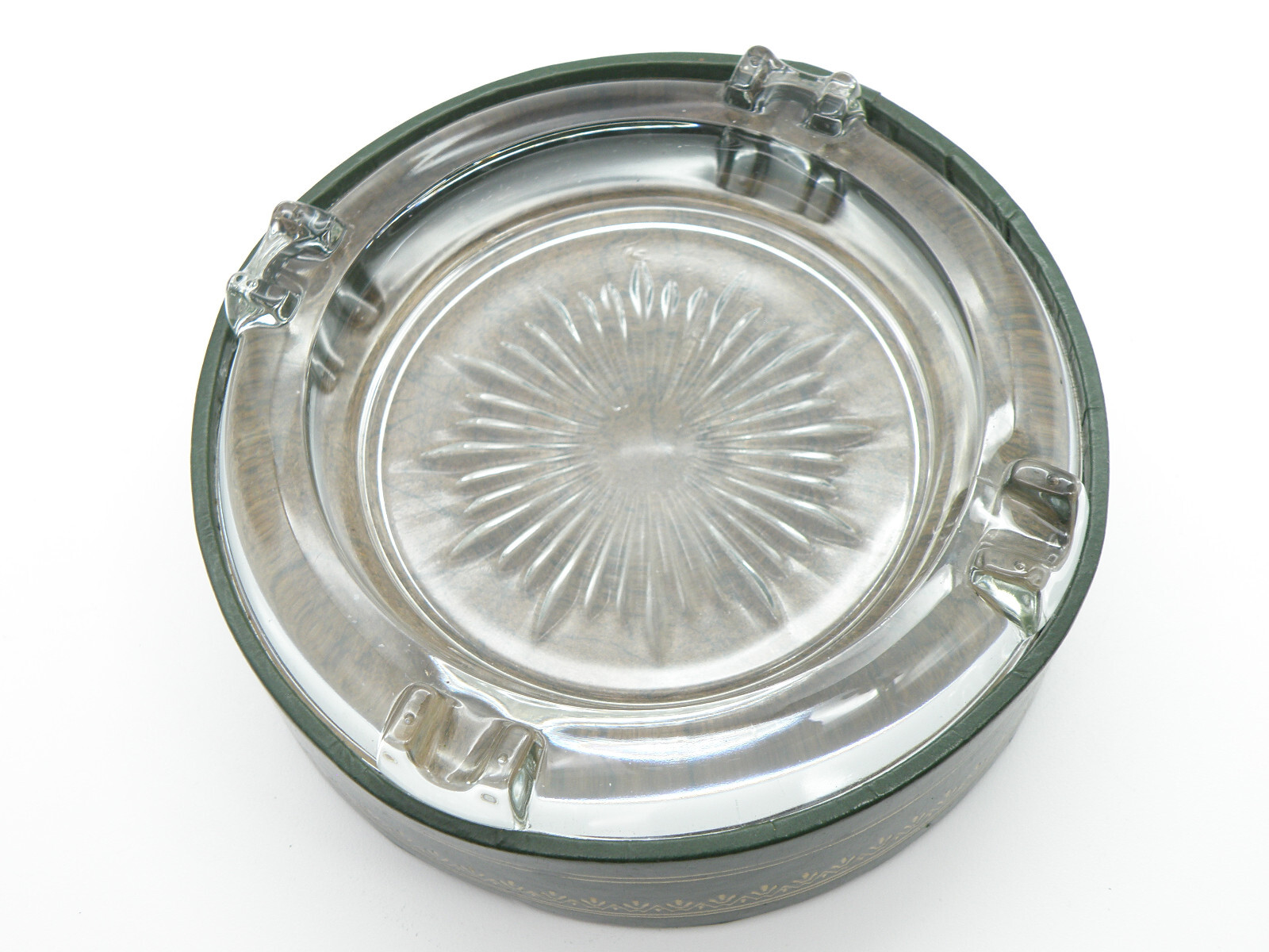 Vtg Glass Ashtray Faux leather holder Green / Gold Mid Century Modern 5" Round