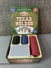Texas Holder Hold-em Poker Set Embossed Tin - With Chips And Cards (SU)