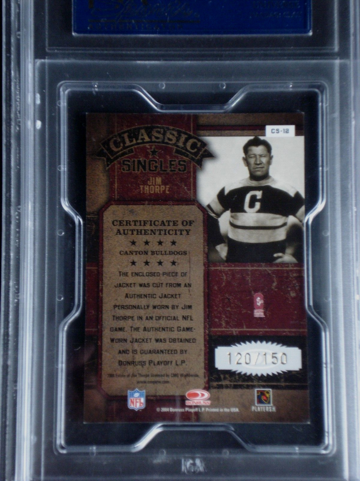 JIM THORPE 2004 DONRUSS GAME USED WORN PATCH /150 PSA 8 CLASSICS MATERIALS HOF . view 2