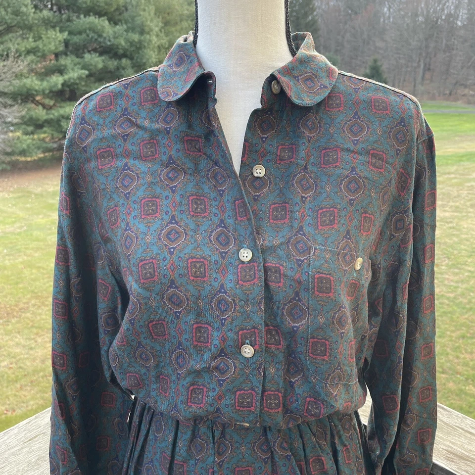 LANDS END Dress Maxi Modest Geometric Baroque Dogs Equestrian Autumn 90s Vtg 12 - Image 3 of 4