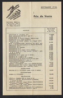 PARIS (VIII°) FERNSEHER / T.S.F. / RADIO-PHONO ''RADIO L.L. / SAEDRA '' Tarif 1956