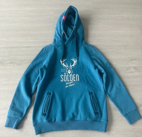 Sölden Hotspot der Alpen Hoodie Teal Blue Stag Graphic Pullover Ski Resort L
