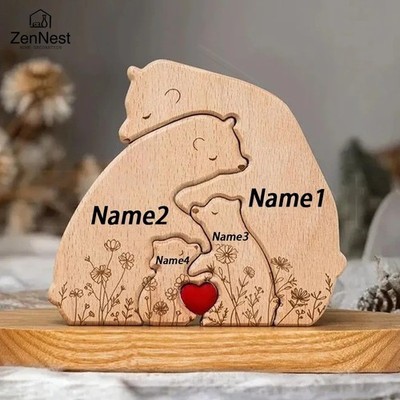 Künstlerisches Holzpuzzle, Kleine Bärenfamilie Personalisiert Namen Puzzle
