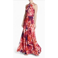 Eliza J Pink Floral Halter Neck Chiffon Maxi Fit n Flare Dress Women's Size 4