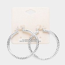 NEW ROUND HOOP WHITE GOLD TEXTURED DIAMOND CUT EARRINGS LARGE LIGHT WEIGHT 2"