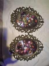 1960s to 1970s  Vtg. Italian Oval Brass Frame Floral Picture Convex Bubble Glass