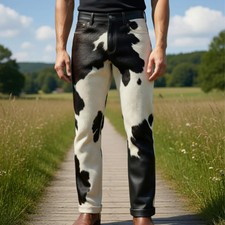 2026 Men Cowhide Leather Pants Real Hair On Hide Black White Western Trousers