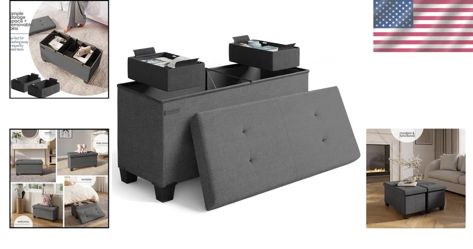 Multi-Purpose Folding Ottoman Bench – Elegant 30-Inch Storage Solution in Grey - Image 2 of 4