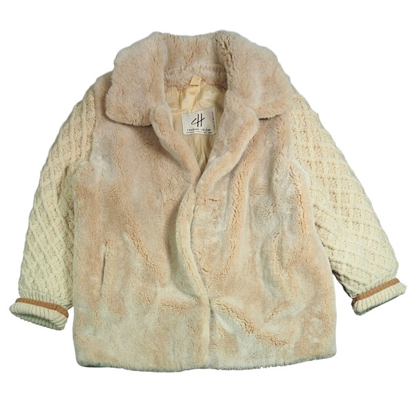 80er Couture Hélène Kunstfell & Zopfmuster Mantel beige Gr. UK 12 B40 Belgien