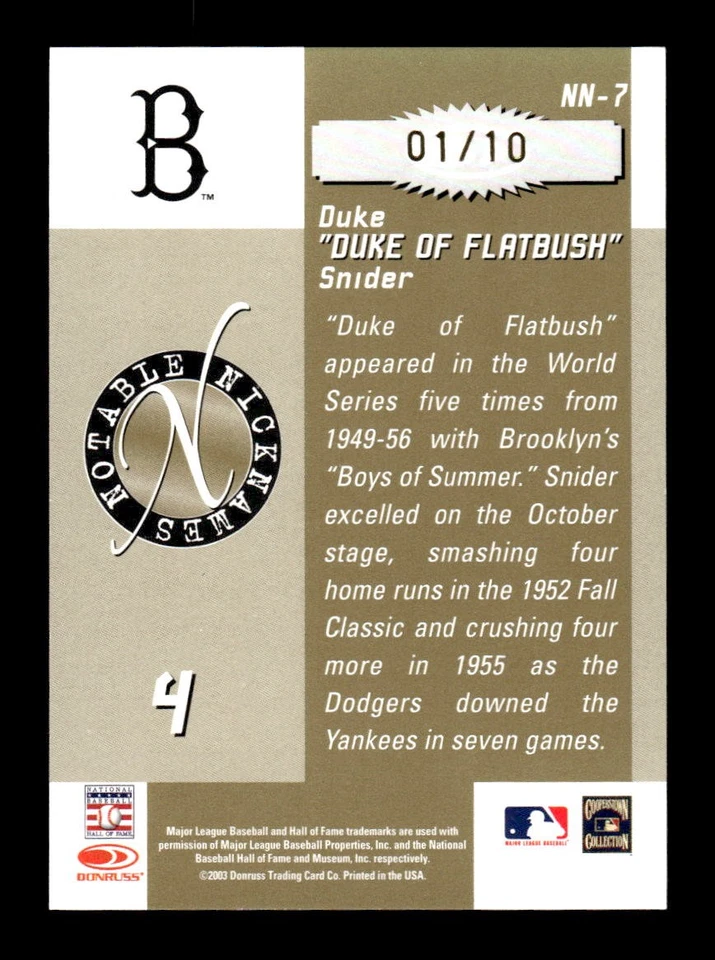 2003 Donruss Signature #NN-7 Duke Snider Notable Nicknames Decade 01/10 - Image 2 of 2
