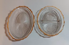 Vtg Lot Jeanette Glass Starburst Divide, Scallop Oval Relish Dishes, Golden Trim