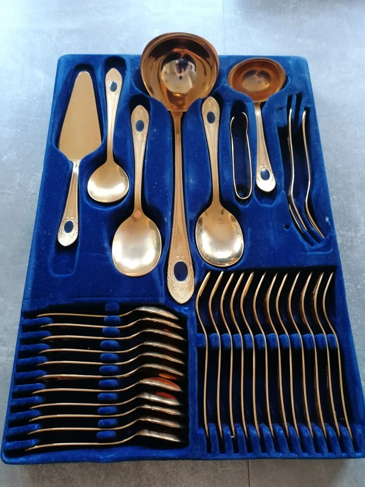 sBs Solingen BesteckSetKoffer 18/10 vergoldet Toscana delux +Kobalt Blausteinen - Bild 4 von 4
