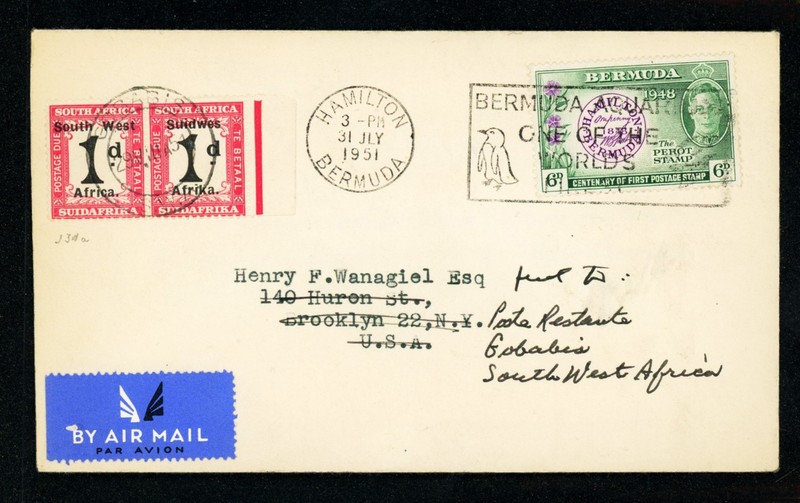 [BERMUDA] 1951 Rerouted Cover to SWA 6d SC 137 + SWA 1d SG D39 / SC J34 (CA2866)