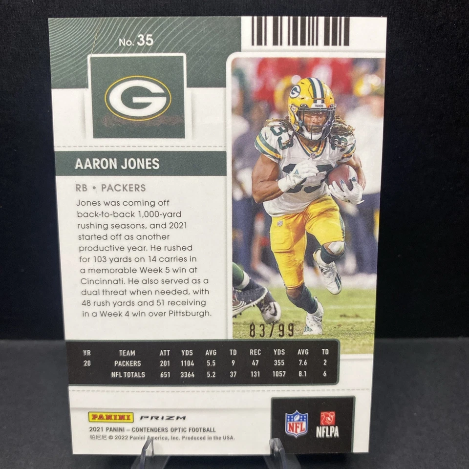 2021 Panini Contenders Optic Season Ticket Blue Prizm /99 Aaron Jones #35 - Image 2 of 2